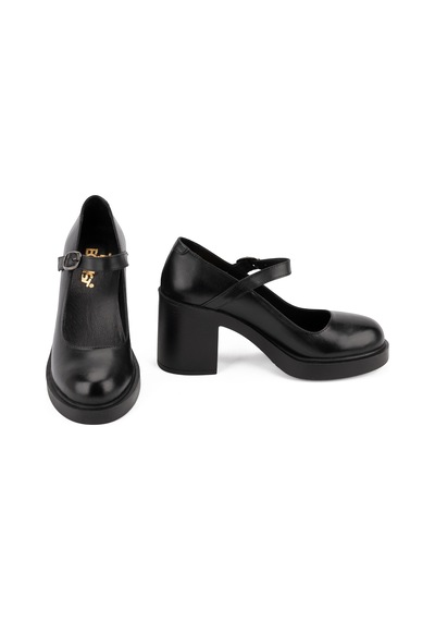 Kadın Hakiki Deri Kalın Topuklu Bantlı Günlük Ayakkabı / Mary Jane Shoes Siyah