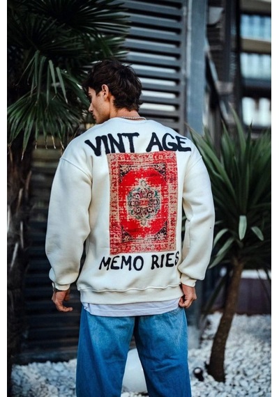 Yake Store Oversize Bisiklet Yaka Üç İplik Baskılı Sweatshirt - Beyaz - Beyaz