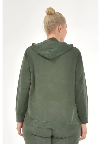 Mia Butik Kadın Büyük Beden İtalyan Yıkama Haki Kapşonlu Sweatshirt Haki