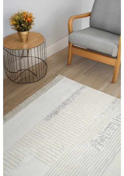 Beyaz Gri Polyester Halı Saçaklı Tozumaz Salon Oturma Çocuk Odası Yolluk A. Gri
