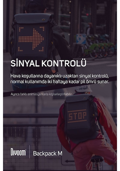 Divoom Pixoo Backpack M Siyah LED Ekranlı APP Kontrollü Su Geçirmez Laptop Sırt Çantası-15-15.6" Siyah