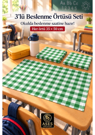 3 Lü Set Yıkanabilir Beslenme Örtüsü 35x50 Cm Yeşil Beyaz Kareli - Anaokulu Ve İlkokul