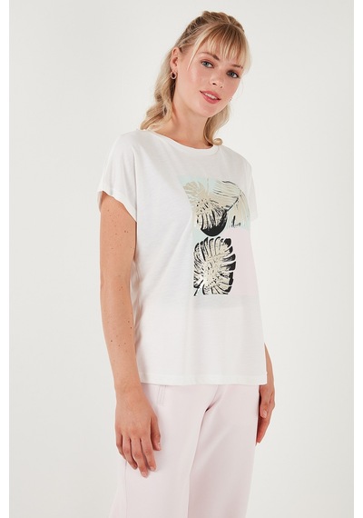 Lela Baskılı Bisiklet Yaka Regular Fit Bayan T Shirt 6671004 Ekru