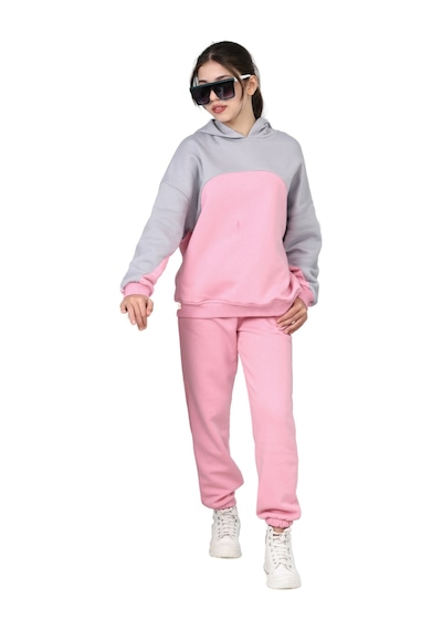 Erdem Kıds Kız Çocuk Paçası Lastikli, Garnili Oversize 3 İplik Şardonlu İçi Pamuklu Eşofman Takımı Pembe-gri Pembe-Gri