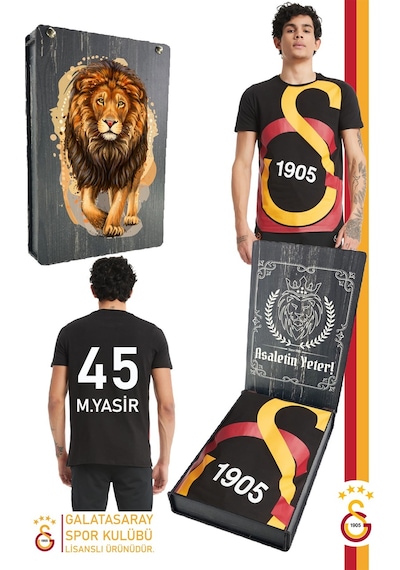 Gsstore Galatasaray Lisanslı Büyük Logolu Kişiye Özel T-shirt Hediyelik Ahşap Kutulu Siyah