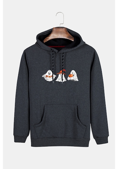 Unisex Füme Kapüşonlu Cadılar Bayramı Boo Baskılı Slim Fit Kanguru Cepli Sweatshirt Füme