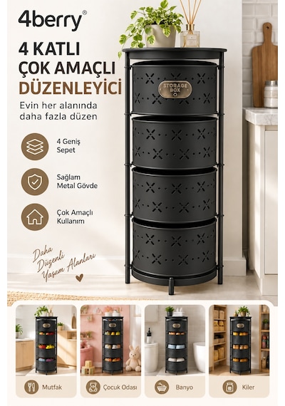 4 Katlı Metal Çok Amaçlı Düzenleyici Sepet Mutfak Sebzelik, Oyuncak, Banyo Ve Ev Organizeri Siyah