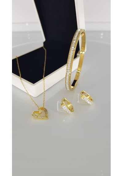 Kalp Taşlı New Gold Çelik Takı Seti Gümüş - Rose Gold