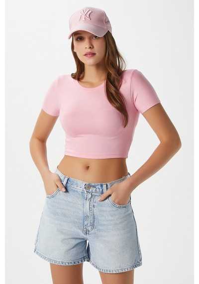 Ritnice Kadın Deal Lux Touch Yumuşak Doku Crop Pembe Bluz