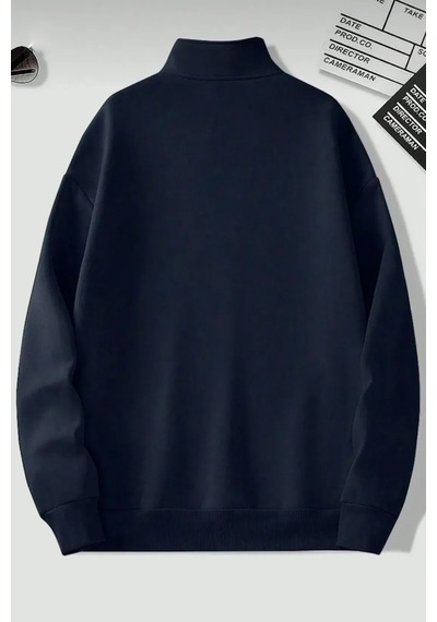 Dik Yaka Yarım Fermuarlı Düz Kazak Sweatshirt - Lacivert
