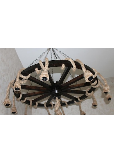 Otantik Çarşı Ahşap Halatlı Teker Avize 100 Cm. 13'lü Serbest Sarkıtlı