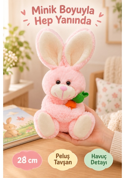 Pembe Tavşan Peluş Oyuncak 28 Cm Havuçlu Sevimli Yumuşak Oyuncak Çocuk Odası Dekoru Uyku Arkadaşı Set