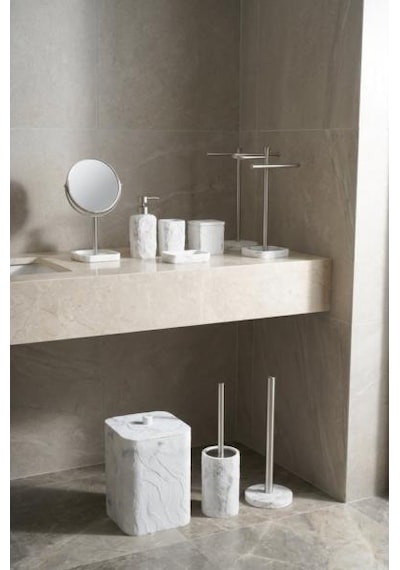Acar Jhn-09782 Beyaz Taş Görünümlü Laduree 9'lu Köşeli Banyo Seti