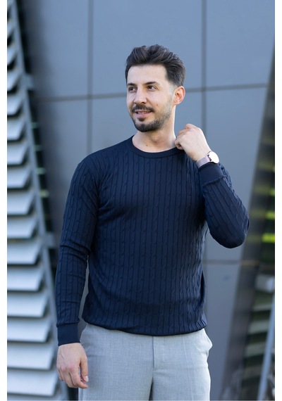 Hk Premium Triko Kazak Fitilli Slim Fit Bisiklet Yaka Likralı Kışlık Sweatshirt Lacivert Hk Premium Triko Kazak Fitilli Slim Fit Bisiklet Yaka Likralı Kışlık Sweatshirt Lacivert