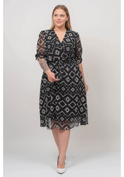 Neşeli Butik Kadın Kruvaze Yaka Midi Boy Büyük Beden Desenli Şifon Elbise Nb80622 Çok renkli