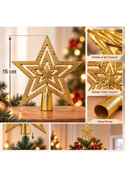 Bakgelal Lüks Yılbaşı Çam Ağacı Tepeliği - 15 Cm İç İçe Katmanlı Desenli Gold Altın Parlak Yıldız Ağaç Süsü - 9025160512638 Diğer