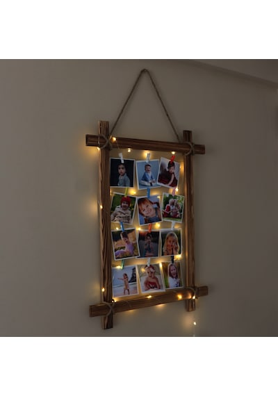 Ahşap Çerçeve Fotoğraf Çerçevesi Led Işıklı Ipli Renkli Mandallı Kahverengi