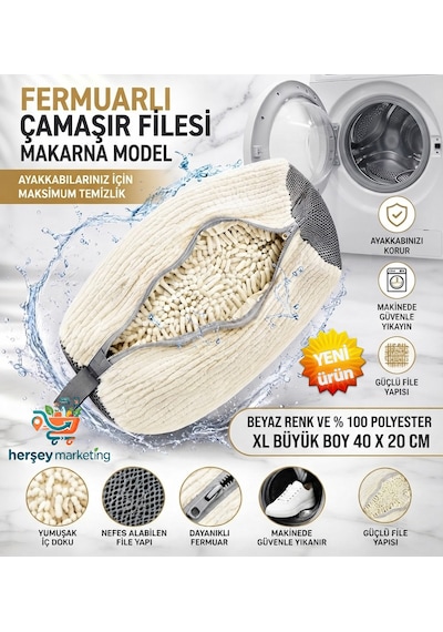 Ayakkabı Yıkama Çantası Özel Makarna Kumaş Fermuarlı Büyük Boy Mikrofiber Beyaz Renk Xl 40 X 20 Cm