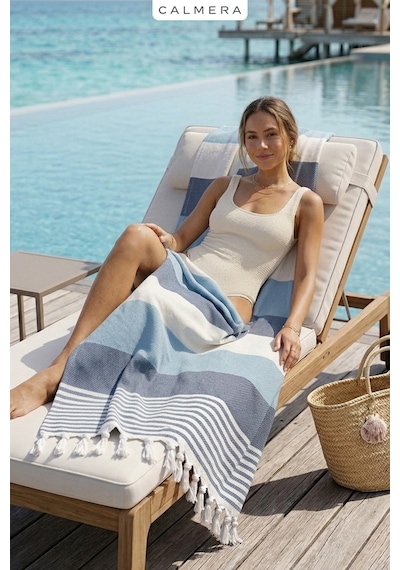 Calmera Natura Peştemal Pamuk - Doğal Saçaklı Plaj, Deniz, Havuz, Spa, Sauna, Spor, Seyahat Havlusu - Mavi