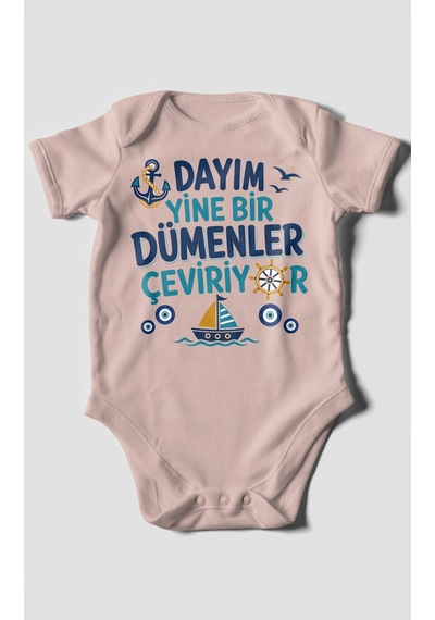 Morivokids Dayım Yine Bir Dümenler Çeviriyor Kısa Kollu Bebek Body %100 Pamuk Pastel Pembe