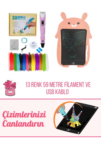 Orh Market 3d Kalem 3d Pen Usb Kablolu Üç Boyutlu Yazıcı Kalem Printer Ve Pembe Tavşan Grafik Tablet Set - Pembe