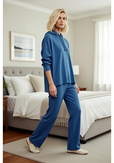 Benerly Kadın Kapüşonlu Düşük Kol Relaxed Kalıp Örme Pijama Takımı Uzun P mavi