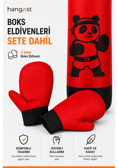 Çocuk Boks Seti Panda Desenli Asılabilir Boks Torbası Eldivenli Kırmızı