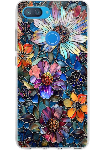 Printify Xiaomi Mi 8 Lite İle Uyumlu Vitray Mücevher Flora Tasarımlı Şeffaf Silikon Kılıf Şeffaf