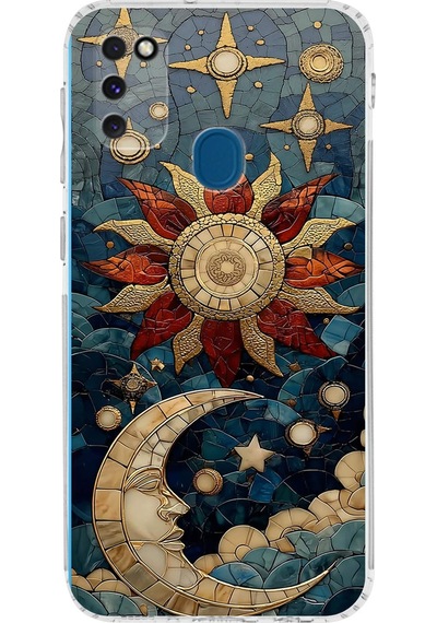 Printify Samsung Galaxy M30s İle Uyumlu Vitray Sol Ve Luna Tasarımlı Şeffaf Silikon Kılıf Şeffaf
