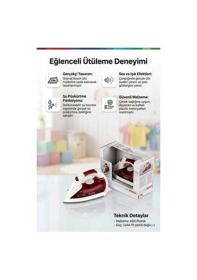 Bosch Lisanslı Orjinal Pilli Sesli Işıklı Su Hazneli Su Püskürtebilen Fonksiyonel Oyuncak Ütü 1