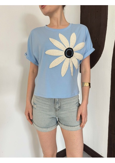 Verymoda Çiçek Detaylı Tişört D2910 Mavi