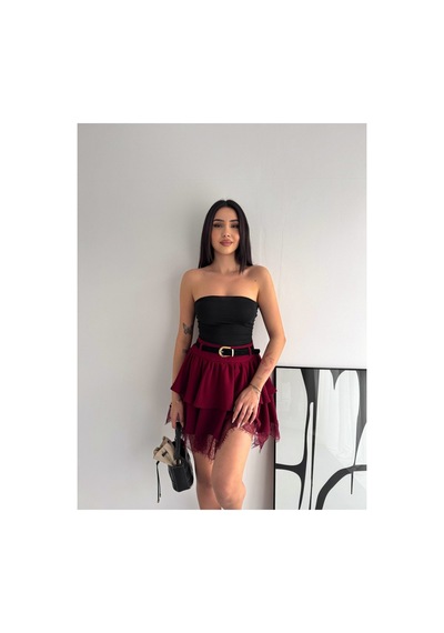 Gugus Kadın Mini Boy Tül/dantel Detaylı Beli Kemerli Volanlı Etek Kırmızı