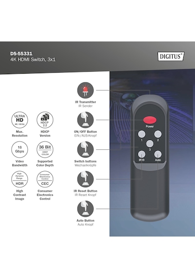 Digitus 3x1 Hdmı Switch, 4k/60hz Hdcp 2.2 Kumandalı Geçiş Kontrolü
