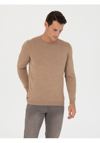 Cacharel Camel Slim Fit Bisiklet Yaka Triko Kazak Kahverengi