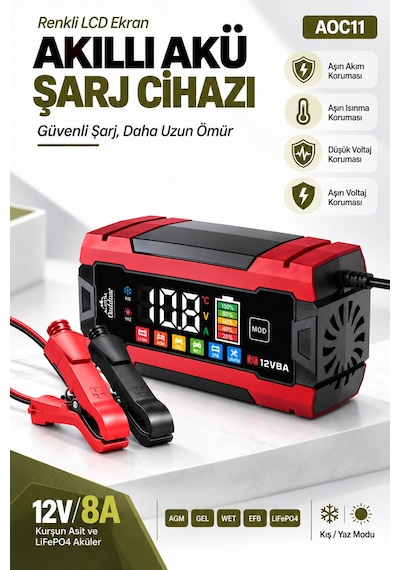 Auhma Aoc11 12v 8a Akıllı Akü Şarj Ve Onarım Cihazı Renkli Lcd Ekran, Pulse Repair, Lifepo4 / Agm