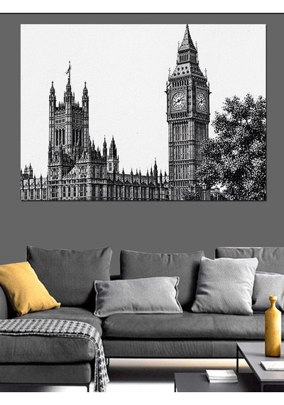 Siyah Beyaz Londra Big Ben Şehir Manzarası Dekoratif Kanvas - Mdf Ahşap Tablo