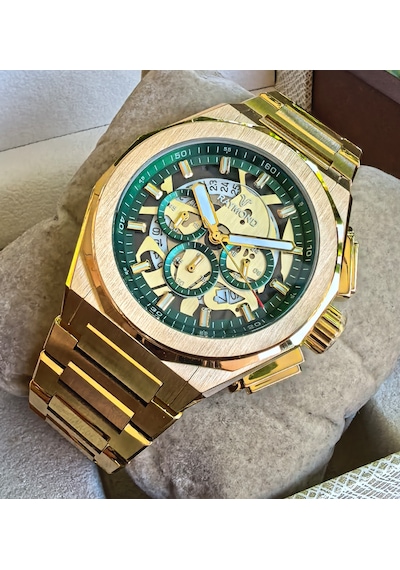 Raymond Gold Yeşil Detaylı Premium Çelik Erkek Kol Saati Altın