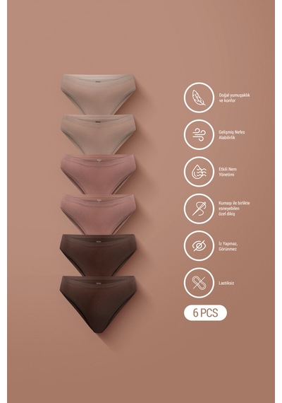Auw Kadın Lastiksiz Pamuklu Modal Basic Cheeky Külot 6'lı - Softfit Latte,bronz,bitter