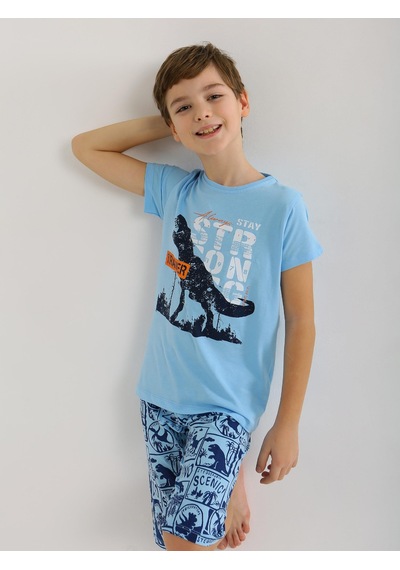Vitmo Erkek Çocuk Kısa Kollu Kapri %100 Pamuklu Pijama Takımı Trainer Mavi