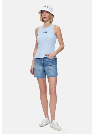 Salınas Gök Mavi Sıfır Kol Nakışlı Standard Fit Kadın Tshirt Gök Mavi