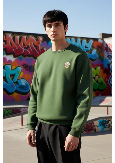 Benerly Erkek Bisiklet Yaka Düşük Kol Nakışlı Oversize Sweatshirt Pamuk Haki