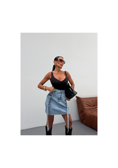 Kene Jeans Buz Kar Kapak Kuşaklı Körük Kargo Cepli Kısa Kot Etek Buz Kar