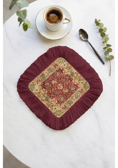 Saray İhtişamlı Saçaklı Sunum Peçetesi - Vintage Çiçek Motifli Bohem Bordo Bardak Altlığı Mendil Orman Beyaz