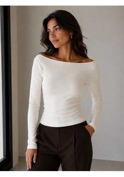Sortie Collection Kayık Yaka Uzun Kollu Fit Bluz Ekru