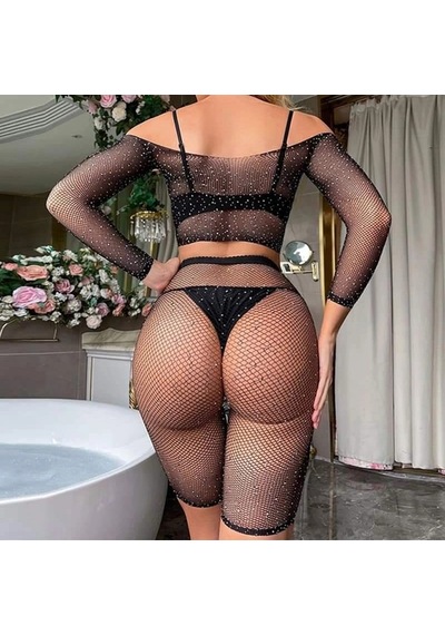 Ang Butik Kadın Seksi 2 Parça Taşlı Omuzları Açık Crop- Şort Vücut Çorabı Takımı Siyah