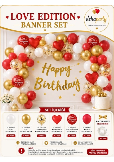 Happy Bırthday Yazı Gold Konfetili 51 Adet Balon Beyaz Gold Kırmızı Kalp Balon Parti Doğum Günü Seti Çok Renkli