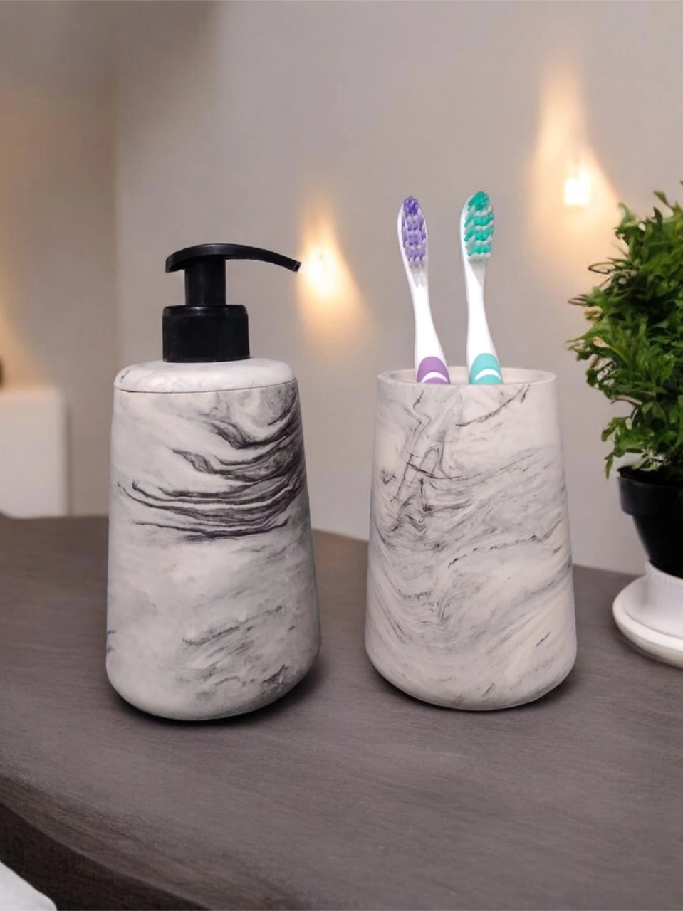 Mermer Desenli Gri Beton Banyo Seti Sıvı Sabunluk Aksesuar Takım Gri