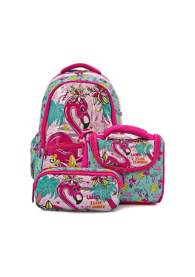 Wia 3 Bölmeli Palm Flamingo Çanta Seti Turkuaz Okul Çantası+termoslu Beslenme Çantası+kalemlik Pembe