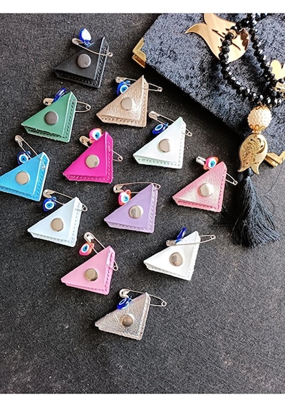Mini Bebek Cevşen Dualı Kolye Muska Hakiki Deri El Yapımı Üçgen Yeşil