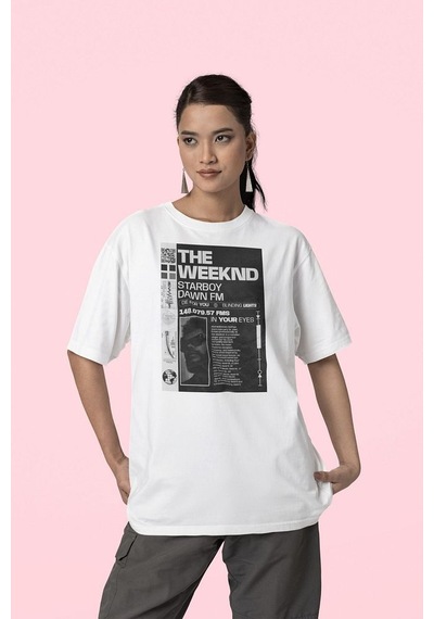 Starboy Dawn Fm The Weeknd Baskılı Unisex Oversize Rapper Tişört Beyaz